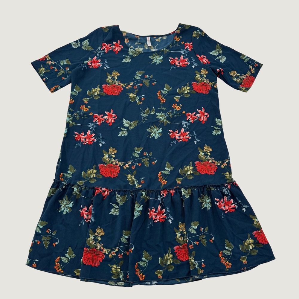 Xhilaration Dress Womens Large Teal Blue Red Floral Drop Waist Ruffle Hem Mini